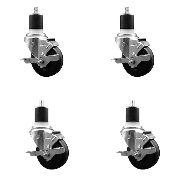 3.5'' SS Phenolic Swivel 1-7/8'' Expanding Stem Caster Set with Brake, 4PK